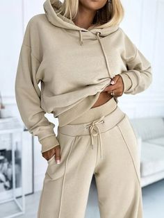 Hooded Pullover Activewear Two Piece Set Sweater Two Piece Set, Two Piece Pants Set, Jeans Cargo, Korean Casual, Activewear Sets, Hem Design, Pantalon Large, Yoga Shorts, Denim Jumpsuit