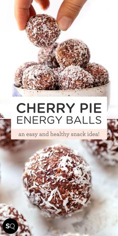 chocolate energy balls with coconut sprinkled on top and text overlay reading cherry pie energy balls an easy and healthy snack idea