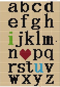 a cross stitch pattern with the letters and numbers for each letter, including one red heart