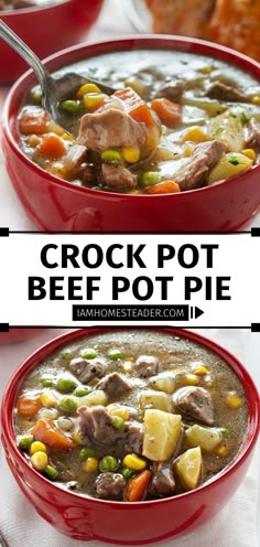 two red bowls filled with crock pot beef and corn soup on top of a white table