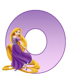 the letter o has a princess sitting on it's legs and her hair is blonde