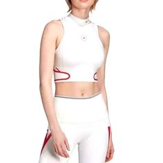 Adidas By Stella Mccartney Truepace Running Crop Top New With Tags Pink And White High Scoop Neck Cut-In Shoulders Front And Back Logo And Reflective Double-Stripe Detail Removable Padding Pullover Style Activity Made For: Running White High Stretch Racerback Top, White Racerback Gym Top, White Racerback Top For Gym, White Racerback Top For Training, White Fitted Tank Top For Sports, White Racerback Functional Top, White Racerback Sporty Activewear, White Sporty Racerback Top, White Sporty Racerback Activewear