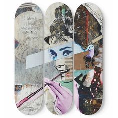 Audrey Hepburn Artwork 4 | 3-piece Skateboard Wall Art | Made with Maple Wood | Wall Hanging Decoration | Best Unique Gift for Home Decor Urban Room Decor, Street Style Room, Hepburn Audrey, Skateboard Wall, Skateboard Wall Art, College Apartment Decor, Deck Size, Film Institute, Wood Wall Hanging