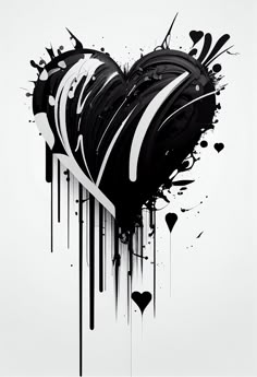 black and white painting with paint splattered on it's side, in the shape of a heart