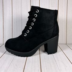 New Imported Black Imsu Suede Shoelace In The Front Zipper On Side Heel Measures 3" Platform Measures 1/2" Cushion Sole True To Size Ships 1-3 Days Questions And Concern Please Message Me Thank You Carla Casual Lace-up Boots With Stacked High Heel, Casual Lace-up Boots With Platform And Block Heel, Casual Black Lace-up Boots With Block Heel, Casual Block Heel Lace-up Boots, Casual Lace-up Boots With Block Heel And Reinforced Heel, Casual Lace-up Boots With Stacked Heel, Casual Lace-up Heels With Laces, Trendy Lace-up Booties Medium Width, Soda Shoes