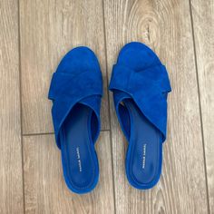 Brand New, Never Worn Mansur Gavriel Shoes. Size 36 Or Us Equivalence Of 6. Originally Around $350 But Selling For $175. No Shoe Box Available Blue Suede Slip-on Mules, Blue Mules With Removable Insole, Blue Flat Heel Sandals With Leather Sole, Blue Sandals With Leather Sole And Flat Heel, Blue Sandals With Flat Leather Sole, Designer Blue Slip-on Sandals, Blue Almond Toe Sandals For Summer, Blue Suede Sandals With Removable Insole, Chic Blue Sandals With Leather Sole