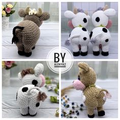 crocheted stuffed animals are shown in four different pictures, including one cow and the other sheep