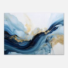 an abstract painting with blue, gold and white colors