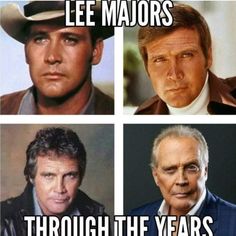 four different pictures of the same man in suits and hats, one has an image of lee majors through the years