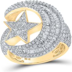 GND 14K Yellow Gold Moon and Star Motif Ring with Baguette and Round Diamonds – 2.33 Carat Total Diamond Weight Luxury Crescent Diamond Rings, Moon Star Ring, Gold Crescent Moon, Moon And Star Ring, Gold Moon, Moon And Star, Yellow Tones, Diamond Star, Star Ring