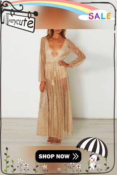 Gitter Sequins Deep Plunge Tie Waist Long Sleeve Sheer Mesh Dress Sheer Mesh Dress, Deep Plunge, Flowy Dress, Mesh Dress, Deep V Neck, Deep V, Mesh, Long Sleeve