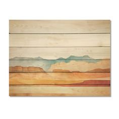 a wooden wall with mountains painted on the side and wood planks in the background