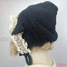 Qteee - Lace Lolita Hat with Adorable Sheep Ears - Cozy and Stylish Vintage Adjustable Bonnet For Winter, Vintage Winter Hats One Size, Vintage Adjustable Winter Bonnet, Cute Black Crochet Hat For Winter, Vintage Black Hat One Size, Black Sheep Costume, Sheep Costume, Sheep Ears, Anime Lingerie