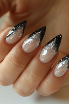 Black Glitter Tips Nails, Glitter Ombre Nails Black, Black Ombre Nails Glitter, Hecate Nails, Black Glitter Almond Nails, Black And White Glitter Nails, Black And Silver Nails Ideas, Nail Art Sparkle, Black Wedding Nails