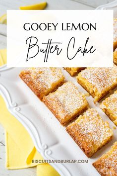 gooey lemon butter cake on a plate with the words gooey lemon butter cake