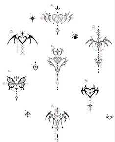 the different tattoo designs are shown in black and white, including hearts, arrows, stars,