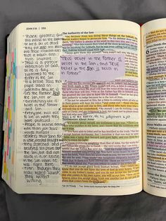 an open bible with words written in it on a gray background and the page is covered in multicolored paper