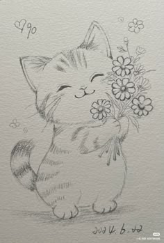 a drawing of a cat holding flowers in its paws