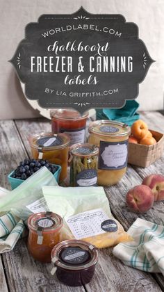 an assortment of fresh fruit and jams on a wooden table