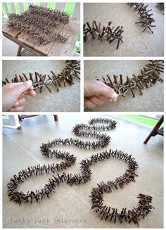 this is an image of someone making a sculpture out of clothes pegs and nails