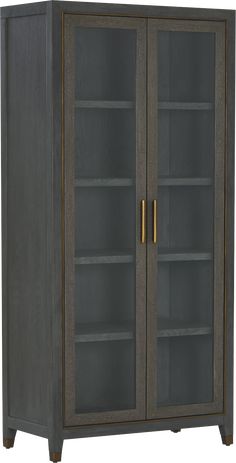 a bookcase with glass doors and gold handles