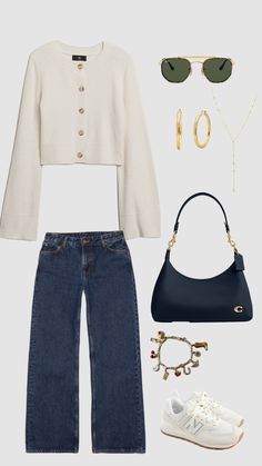 a woman's outfit including jeans, white sweater and black purse with gold accessories