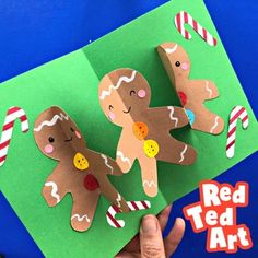 A fun Christmas Card making activity for kids. Learn how to make a basic paper chain, using the handy Gingerbread Man Template. Or make use of the "ready made" paper chain and fold in the right places.A fun seasonal activity great for some mindfulness time, creating something the children can be pro... Cards Diy Easy, Gingerbread Man Crafts, Pop Up Christmas Cards, 3d Christmas Cards, Red Ted Art, Christmas Cards Kids, Christmas Pops, Christmas Gingerbread Men, Christmas Activities For Kids