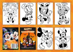 halloween coloring pages with mickey mouse and other cartoon characters on them, all in black and white