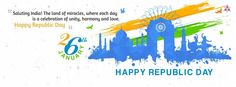 happy republic day greeting card with india flag and cityscape on white paper background