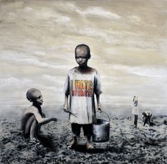 an image of two children standing in the dirt with one holding a bucket and the other looking at something