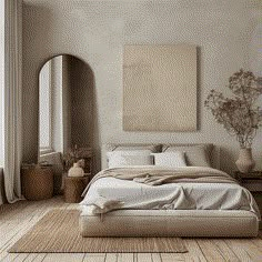 a large bed sitting in a bedroom next to a tall painting on the wall above it