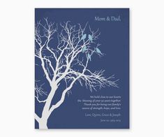 a tree with two birds on it and the words mom and dad written in blue