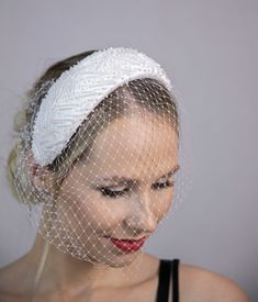 "Ivory white heavily hand-beaded headband hat for the bride. This is very beautiful, timeless and elegant bridal headband. Bottom layer of the hat is hand-blocked from special millinery material called buckram, then wired, padded and covered with highest quality thick mulberry silk. Finally all the hat is randomly beaded with milk white glass beades in stick size and small pearl size. The headband is called because of its shape \"Moon Crescent\". It is not spreading from one ear to another but i Beaded Hair Accessories For Wedding, Handmade White Headband Headpiece, Handmade Wedding Hat With Structured Crown, Adjustable White Headpiece For Wedding, Elegant Wedding Headband Veil, Elegant Wedding Veil With Headband, Adjustable Bridal Headband For Ceremony, Adjustable Beaded White Bridal Accessories, White Handmade Headband For Parties