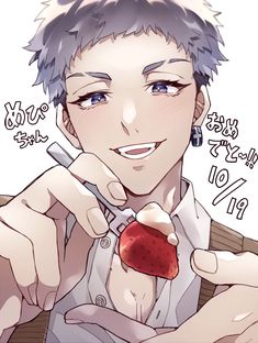 an anime character with blue hair holding a piece of fruit in his hand and looking at the camera