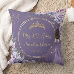 a purple pillow with a princess's name on it