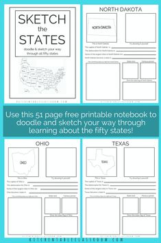 a blue and white poster with text that says sketch the states, use this 5 page free printable notebook to doodle and sketch your way through learning about the fifty