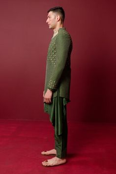 Sacramento green asymmetric sherwani highlighted with quilted resham embroidery and floral patterns. Comes with inner kurta and pant. - Aza Fashions Designer Green Kurta For Festive Occasions, Green Bandhgala With Traditional Drape, Green Traditional Drape Bandhgala For Eid, Green Traditional Bandhgala For Eid, Green Bandhgala With Traditional Drape For Eid, Festive Green Nehru Jacket For Reception, Green Designer Sherwani For Transitional Season, Designer Green Fitted Sherwani, Designer Green Sets For Eid