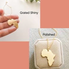 "18kt Gold Plated Africa Necklace, Big size, Golden Heart Africa Ethiopia Pendant Adoption Necklace in a kraft gift box with an Extra Free Gift. ✿Let your heart bring you to places you most love with our jewel maps✿ ✿ JEWEL ✿ PENDANT SIZE: 3x2.5 cm ( 1.2x1 inches). 0.7 mm Thick CHAIN: Now with 18kt gold plated sterling silver chain from 16\" to 18\" aproximately. Please, look the picture. The chain size is exactly 40cm (15 3/4\") and 45cm.m (17 23/32\"). Or 1.5mm leather cord. Ready to ship in 1 Africa Pendant, Jewel Pendant, Africa Necklace, Necklace Big, Map Pendant, Golden Heart, Africa Map, Kraft Gift Boxes, Gold Plated Sterling Silver