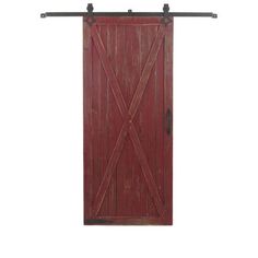 a red barn door with black hardware on the top and bottom bars, against a white background