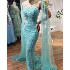 It’s A Size Small Light Blue Floor Length With Beaded Cape Sleeves And Figure Complementing Arabic Luxury, Beaded Cape, Blue Cape, Beaded Evening Gowns, Mermaid Evening Gown, Blue Floor, Cape Sleeves, Ladies Party, Hand Beading