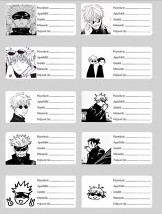 anime character name tags with the names in black and white, including two male characters