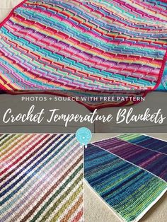 crochet temperature blankets with text overlay that says, photos source with free pattern