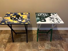 (WHEN PURCHASING, use the personalization section to SELECT THE "LETTER" that corresponds with your table choice) These folding tray tables are the perfect gift. These tables are made of wood and approximately 26 inches in height. These tables can be customized with any team, character, or logo. The top layer is designed with decals and sealed with FDA compliant resin. Each table is custom designed and made to order. Please note that since we use resin to coat the tables, we require a substantia Folding Tray Table, Painted Table Tops, Tray Tables, Tv Trays, Tray Table, Coffee And End Tables, Folded Up, Made Of Wood, Dinner Table