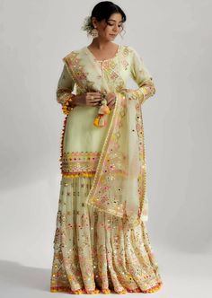 Mint Friya Short Kurta Sharara Set Indian Fits, Ethnic Wears, Punjabi Style, Rahul Mishra, Kurta Sharara Set, Desi Outfits, Kurta Sharara, Indian Fashion Trends, Lehenga Designs Simple