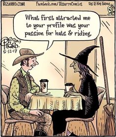 a comic strip with a witch and a man sitting at a table talking to each other