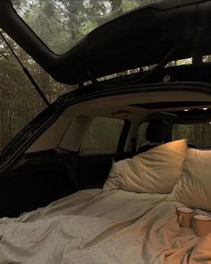 the back end of a car with pillows and blankets on it's bed in front of trees