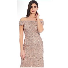 Adrianna Papell Off-Shoulder Beaded Gown Elegant Dress! Only Worn Once For A Wedding. Perfect For Dressing Up For A Special Occasion. Rose Gold Colored. Gown Elegant, Special Dresses, Beaded Gown, Adrianna Papell Dresses, Mermaid Skirt, Review Dresses, Sequin Beading, Long Gown, Embellished Dress