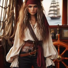 a woman dressed in pirate garb on a ship