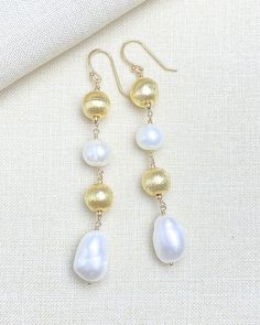 Festive Pearl and Gold Bead Drop Earrings - Marshcreekjewelry Coastal Luxe, Festive Earrings, Bead Drop Earrings, Boho Chic Earrings, Chalcedony Earrings, Chic Earrings, Artisan Earrings, Druzy Quartz, Beaded Drop Earrings