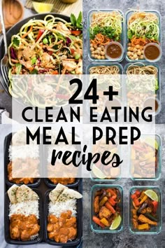 the meal prepped in plastic containers with text overlay that reads 24 clean eating meal prep